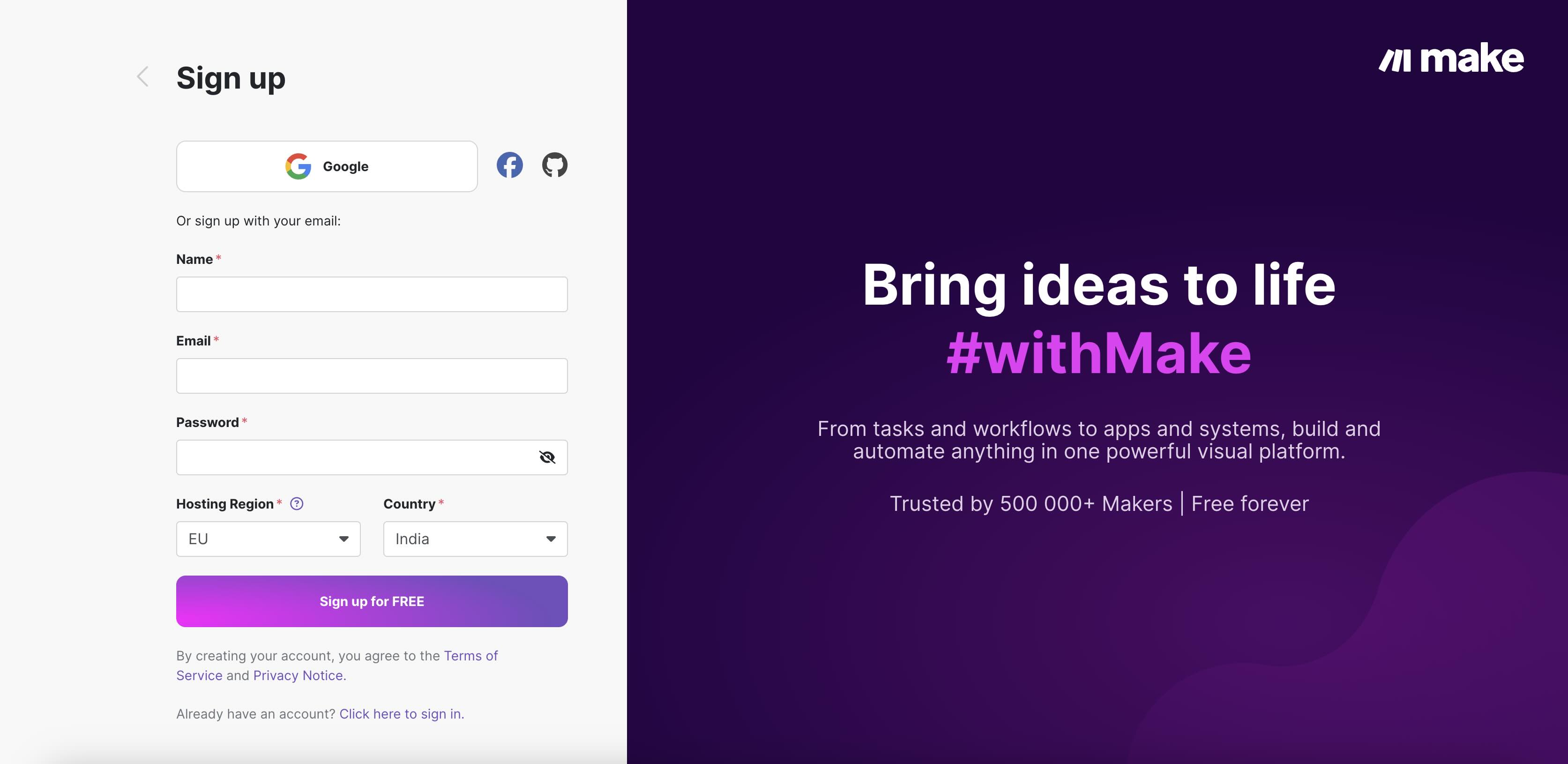 Make.com dashboard for AI automation